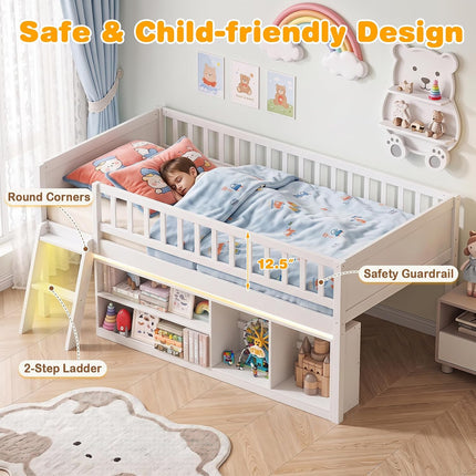 Dreamade Low Loft Bed Twin Size with LED Lights