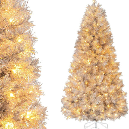 Dreamade 5ft / 6ft / 7 ft Pre-Lit Silver Tinsel Christmas Tree with Warm White LED Lights