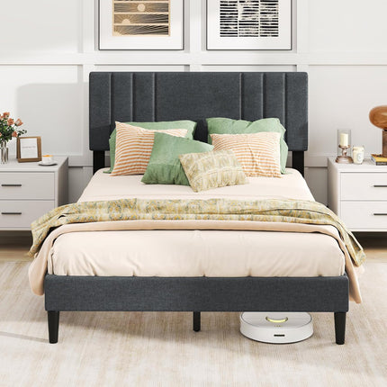 Dreamade Queen/Full/Twin Size Modern Upholstered Platform Bed Frame with Vertical Channel Tufted Headboard