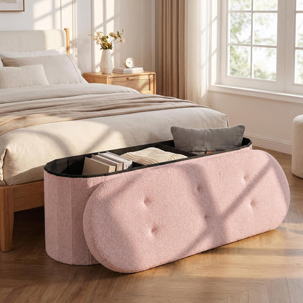Dreamade 43" Storage Ottoman Bench, Oval Ottoman with Dividers | Upholstered Bench Storage