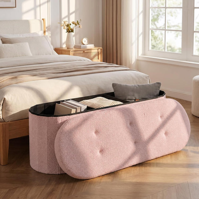 Dreamade 43" Storage Ottoman Bench, Oval Ottoman with Dividers | Upholstered Bench Storage