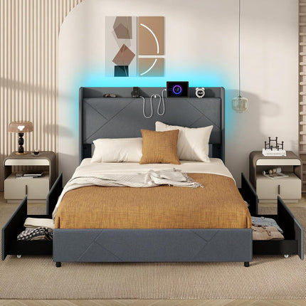 Dreamade Full/Queen Size Bed Frame with 4 Storage Drawers & LED Lights, Headboard & Charging Station, Wooden Slats, Easy Assembly, Grey