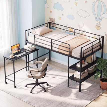 Dreamade Low Loft Twin Size Bed with Desk & Bookshelf