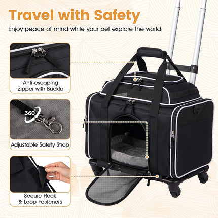 Dreamade Top-Expandable Pet Carrier with Wheels for Small Cat & Dog (Black) | Foldable Rolling Pet Bag with Telescopic Handle