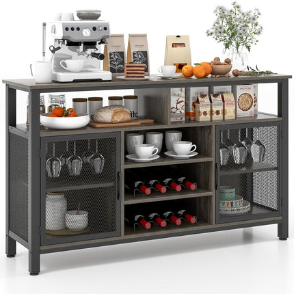 Dreamade Coffee Bar Cabinet for Liquor and Glasses, 55” Buffet Sideboard with 8-Bottle Wine Racks, 6 Rows of Wine Glass Holders