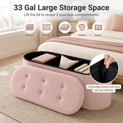 Dreamade 43" Storage Ottoman Bench, Oval Ottoman with Dividers | Upholstered Bench Storage