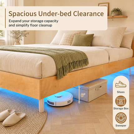Dreamade Wood Floating Bed Frame Queen Size with Smart LED Light, Natural | Modern Platform Bed w/Heavy Duty Mattress Foundation