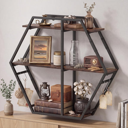 Dreamade Industrial Hexagon Wall Shelf with 3-Tier Storage Shelves & 4 Hooks | Decorative Wall Display Rack Unit with Metal Frame