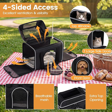 Dreamade Top-Expandable Pet Carrier with Wheels for Small Cat & Dog (Black) | Foldable Rolling Pet Bag with Telescopic Handle