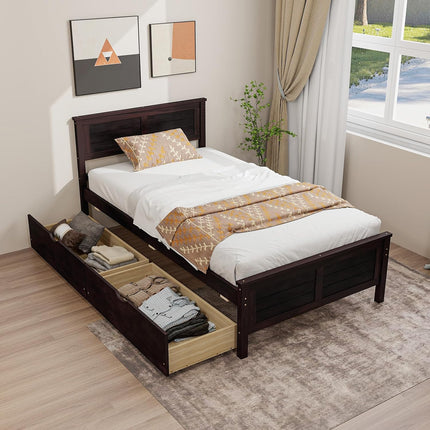 Dreamade Wood Full Size Bed Frame with 2 Storage Drawers, Solid Wood Platform Bed with Headboard