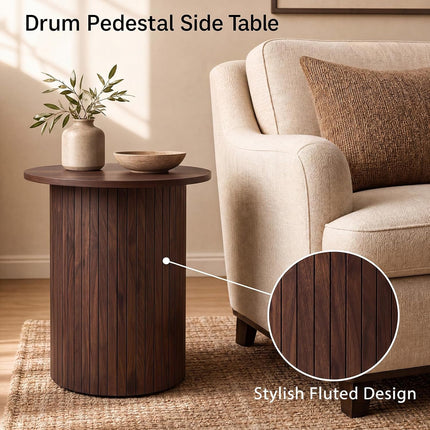 Dreamade Round Side Table, Fluted Mid Century Modern Drum End Table | 22.5‘’ Wooden Pedestal Accent Nightstand for Bedroom