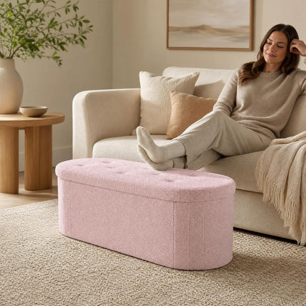 Dreamade 43" Storage Ottoman Bench, Oval Ottoman with Dividers | Upholstered Bench Storage