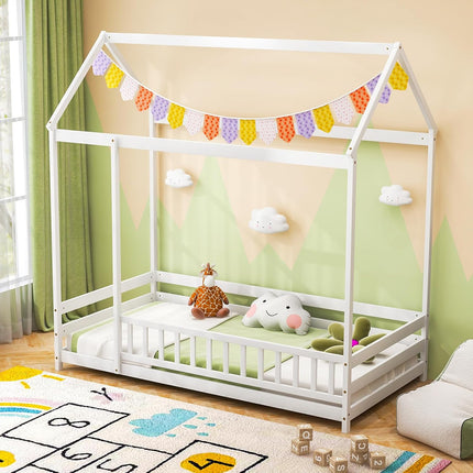 Dreamade Twin Floor Bed with Fence, Wood Montessori Bed with Safety Guardrails and 80.5" High Roof Design