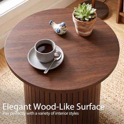 Dreamade Round Side Table, Fluted Mid Century Modern Drum End Table | 22.5‘’ Wooden Pedestal Accent Nightstand for Bedroom