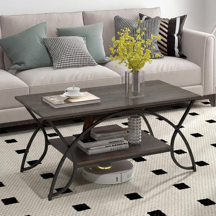 Dreamade 2-Tier Rectangular Coffee Table, Modern Chic Cocktail Table with Open Storage Shelf, White/Gold