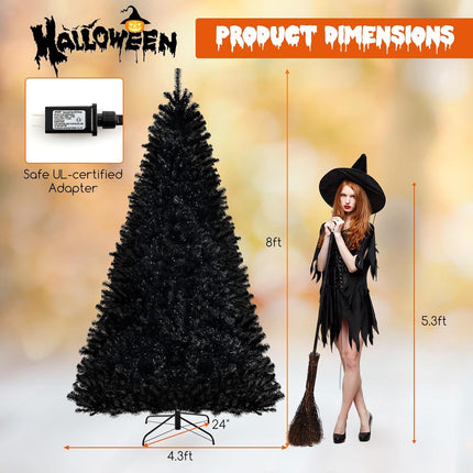 Dreamade 6/7/8 FT Pre-Lit Black Halloween Tree, Artificial Hinged Christmas Tree with 280/380/500 Orange & Purple LED Lights