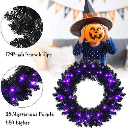 24' Black Halloween Wreath, Pre-lit Artificial Christmas Wreath - DreamadeUS
