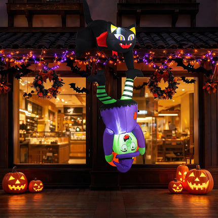 DREAMADE 6.2 FT Halloween Inflatables Black Cat Holding Upside Down Witch