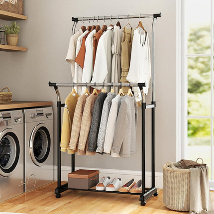 Dreamade Double Rod Clothing Rack with Adjustable Height & Wheels
