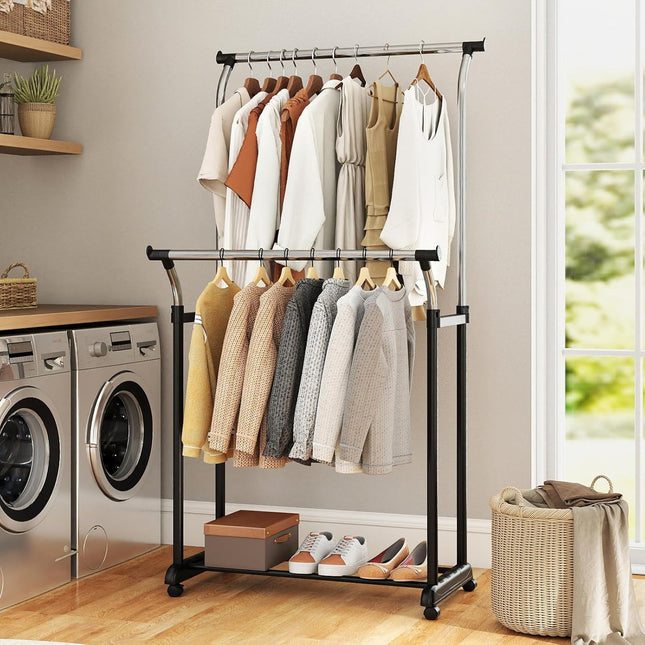 Dreamade Double Rod Clothing Rack with Adjustable Height & Wheels