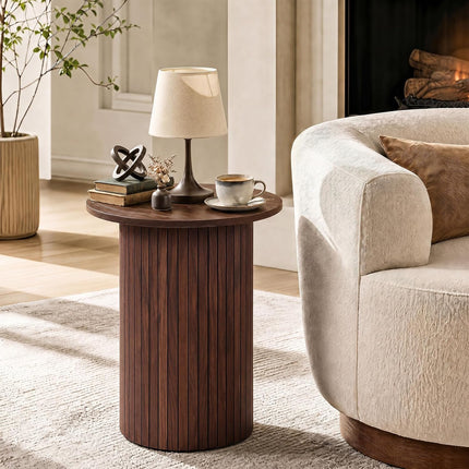 Dreamade Round Side Table, Fluted Mid Century Modern Drum End Table | 22.5‘’ Wooden Pedestal Accent Nightstand for Bedroom