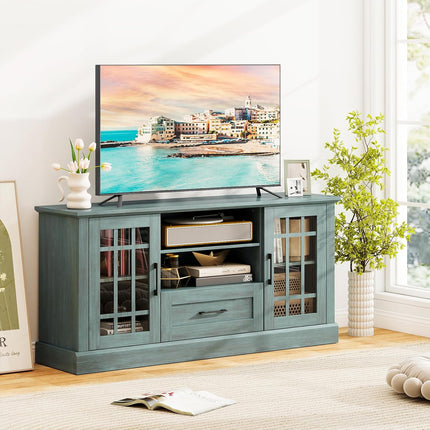 Dreamade Farmhouse TV Stand for 65/70 Inch TV with Storage Cabinets & Glass Door
