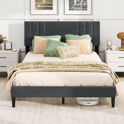 Dreamade Queen/Full/Twin Size Modern Upholstered Platform Bed Frame with Vertical Channel Tufted Headboard