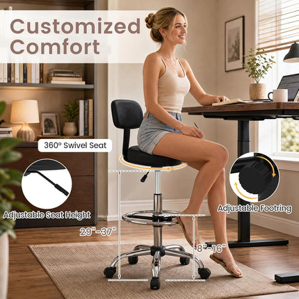 Dreamade Drafting Chair with Back, Adjustable Foot Rolling Stool with Wheels | PVC Leather Tall Office Chair w/ Thickened Cushion