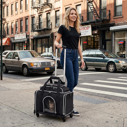 Dreamade Top-Expandable Pet Carrier with Wheels for Small Cat & Dog (Black) | Foldable Rolling Pet Bag with Telescopic Handle