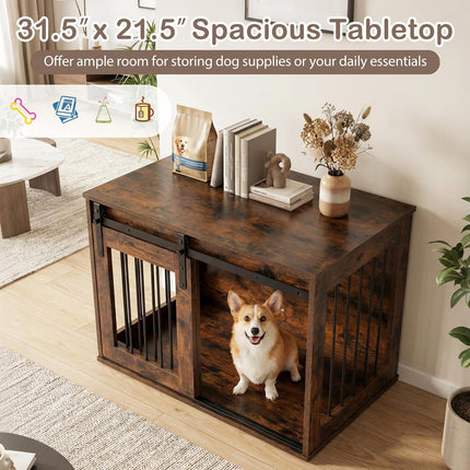 Dreamade 31.5" Dog Crate Furniture with Sliding Barn Door, Wooden Dog Kennel | Heavy Duty Wood Pet Cage End Side Table