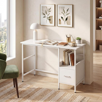 Dreamade White Computer Desk, Writing Desk w/Open Shelf and Storage Drawer