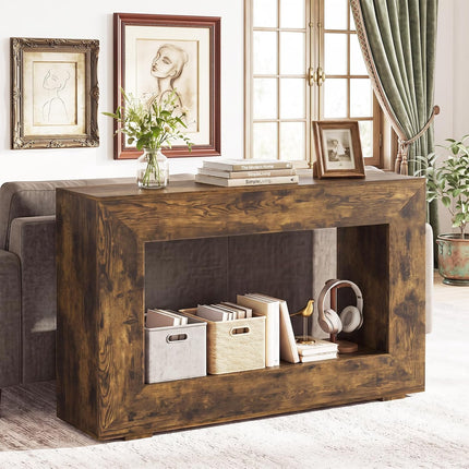 Dreamade 47" Farmhouse Console Table, 2-Tier Entryway Table | Wooden Narrow Sofa Table Behind Couch with Open Storage Shelf for Living Room