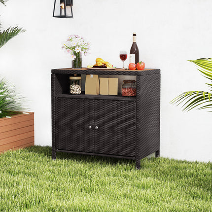 DREAMADE Outdoor Storage Cabinet, Wicker Patio Cabinet with Wood Top, Brown