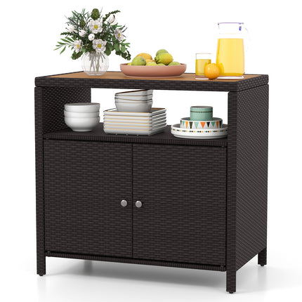 DREAMADE Outdoor Storage Cabinet, Wicker Patio Cabinet with Wood Top, Brown
