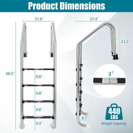 DREAMADE Inground Pool Ladder, 4-Step Swimming Pool Entry Ladder
