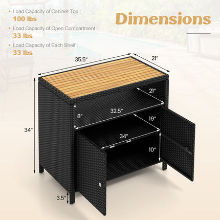 DREAMADE Outdoor Storage Cabinet, Wicker Patio Cabinet with Wood Top, Black