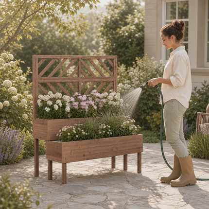 DREAMADE Raised Garden Bed with Trellis, 2-Tier Wooden Planter Box, Brown
