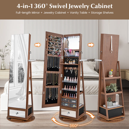 DREAMADE 360° Swivel Jewelry Cabinet with Body Mirror, Full Length Mirror with Storage Jewelry Armoire with Back Storage Shelve