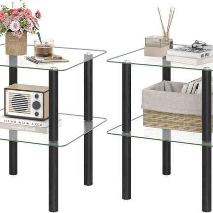 Dreamade Round/Square 2-Tier Sofa Side Table with Clear Tempered Glass Top & Shelf (1/2)