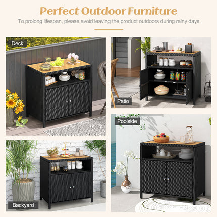 DREAMADE Outdoor Storage Cabinet, Wicker Patio Cabinet with Wood Top, Black