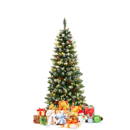 5ft Pre-lit Pencil Christmas Tree, Snow Flocked Artificial Hinged Xmas Tree - DreamadeUS