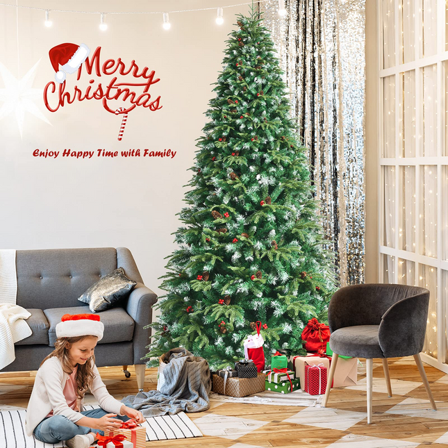 Dreamade 8FT Pre-Lit Artificial Christmas Tree, Hinged Realistic Snowy Xmas Pine Tree W/ 780 Color Changing LED Lights, 11 Flash Modes - DreamadeUS