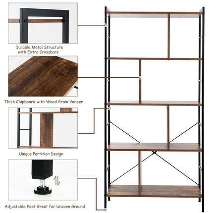 4-Tier Bookshelf, Industrial Style Bookcase with Metal Frame (Rustic Brown) - Dreamadeus