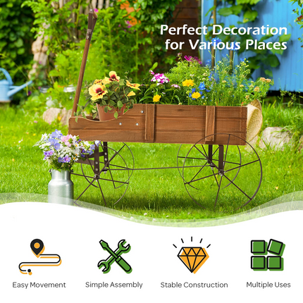 Dreamade Decorative Garden Planter, Small Wagon Cart with Metal Wheels, Wood Raised Beds Plant Pot Stand for Backyard Garden Patio 24.5"x13.5"x24"