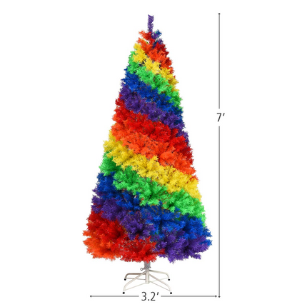 Dreamade 7FT Colorful Rainbow Full Fir Christmas Tree, Artificial Hinged Christmas Tree w/Solid Metal Stand - DreamadeUS