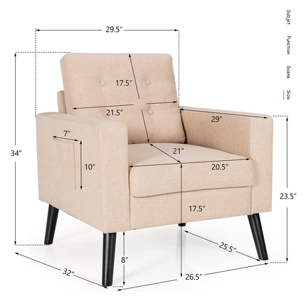 Linen Fabric Armchairs with Side Pockets and Wood Legs, Set of 2 - Dreamade
