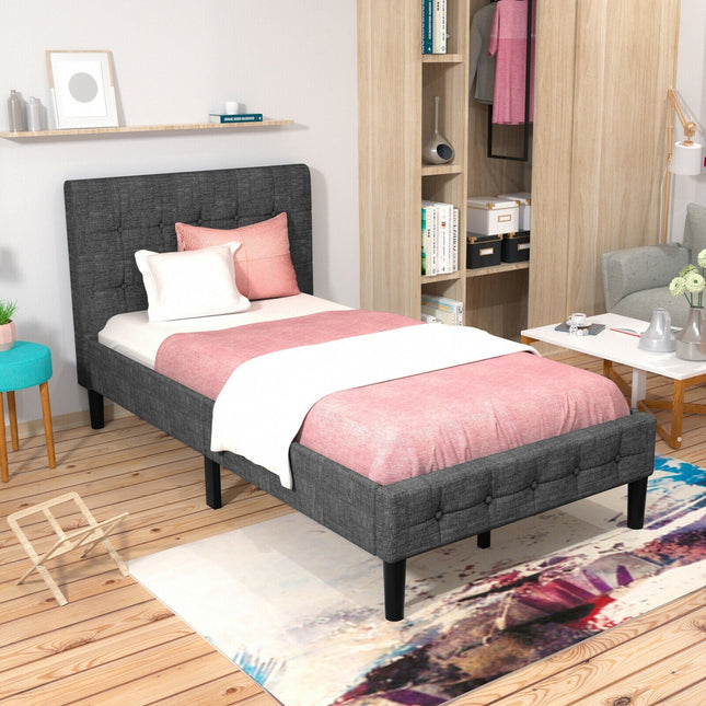 Platform Twin Bed with Button Tufted Headboard | Upholstered Bed Frame