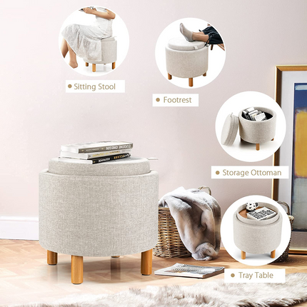 Dreamade Round Storage Ottoman with Tray, Accent Storage Footstool w/ Soft Padding