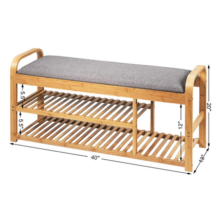Dreamade Shoe Rack Bench, Entryway 3-Tier Bamboo Shoe Organizer with Cushion (Natural and Grey)