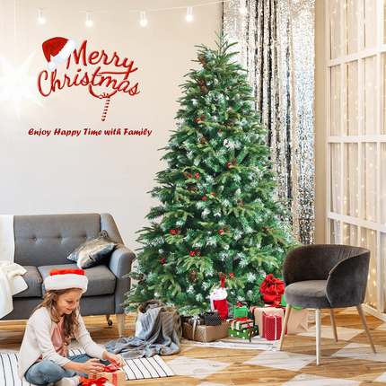 Dreamade 7FT Pre-Lit Artificial Christmas Tree, Hinged Realistic Snowy Xmas Pine Tree W/ 450 Color Changing LED Lights, 11 Flash Modes - DreamadeUS